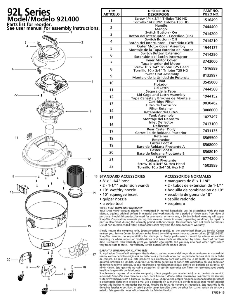 Shop-Vac Parts List for 92L400 Models (10 Gallon* Yellow / Black Industrial Vac w/ Rear Dolly)