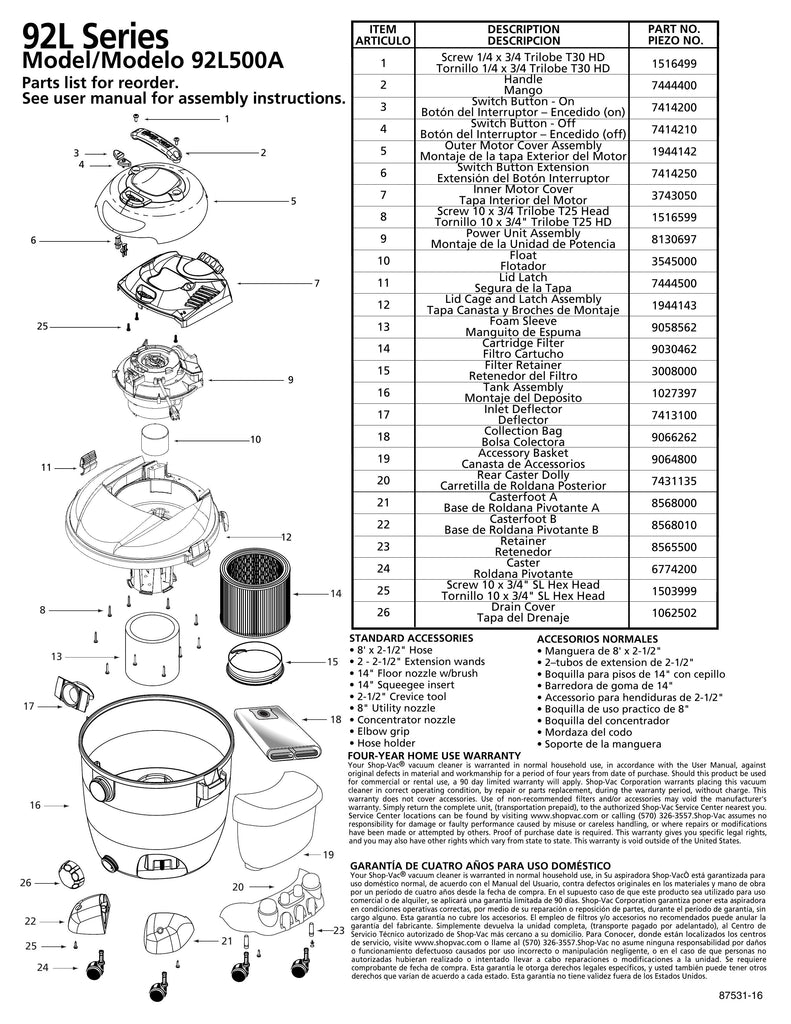 Shop-Vac Parts List for 92L500A Models (12 Gallon* Yellow / Black Vac w/ Basket)