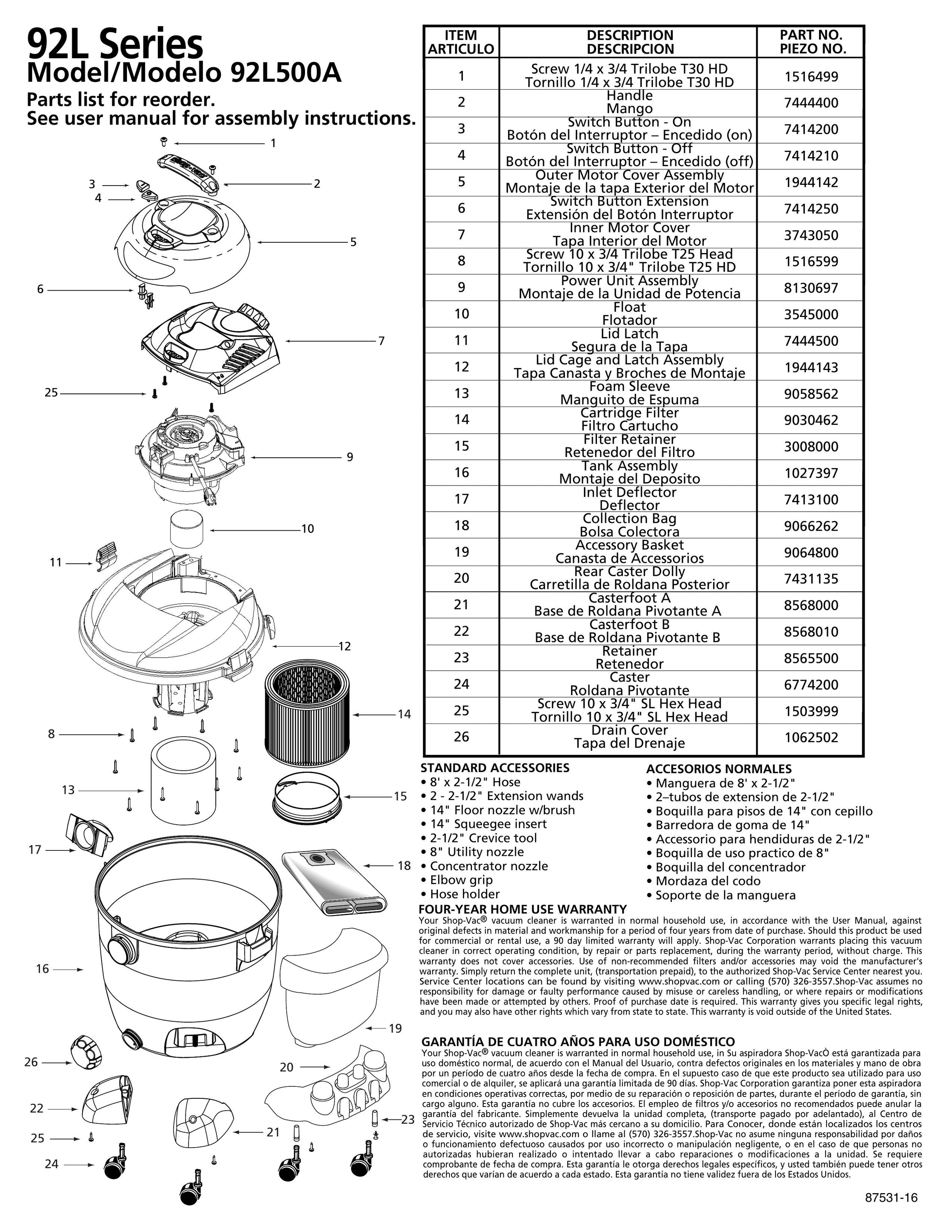 Shop-Vac Parts List for 92L500A Models (12 Gallon* Yellow / Black