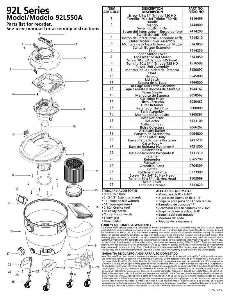 Shop-Vac Parts List for 92L550A Models (14 Gallon* Yellow / Black Vac w/ Basket)