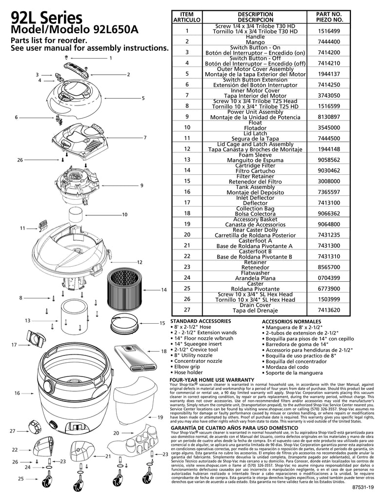 Shop-Vac Parts List for 92L650A Models (18 Gallon* Yellow / Black Vac w/ Rear Caster Dolly)