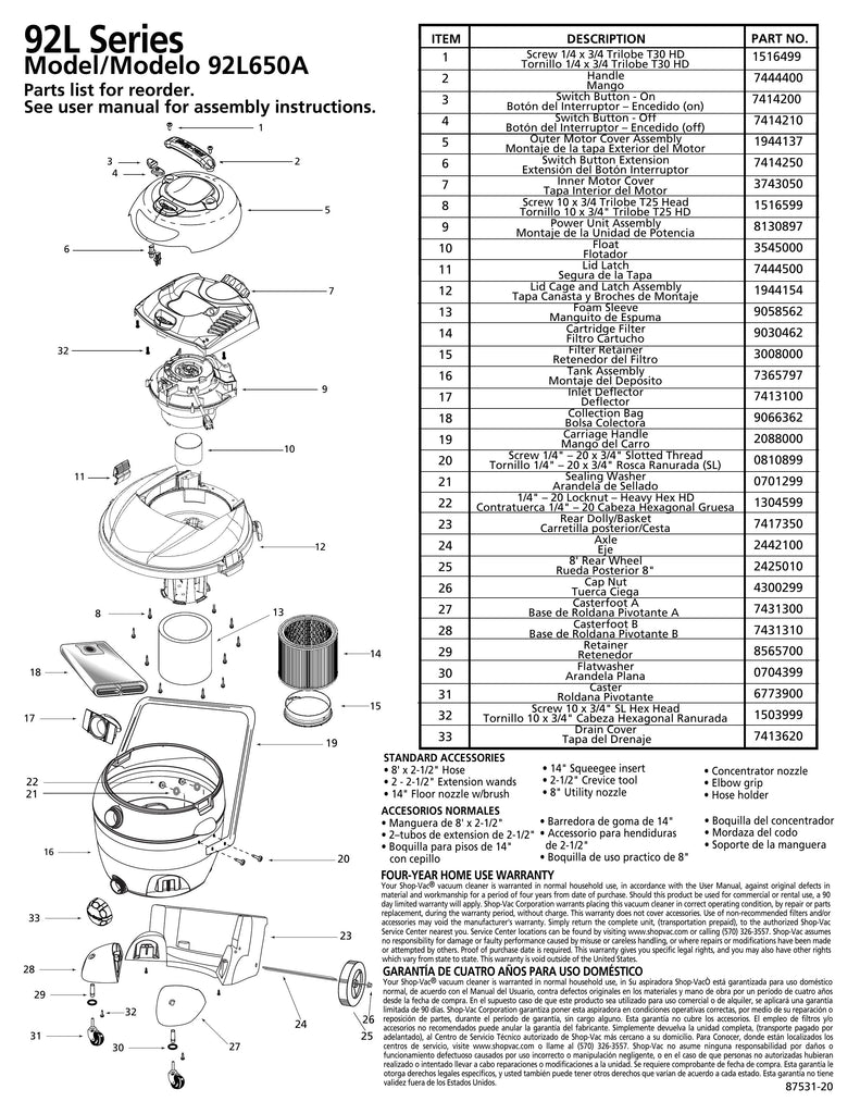 Shop-Vac Parts List for 92L650A Models (18 Gallon* Yellow / Black Vac w/ Rear Basket Dolly & Transport Handle)