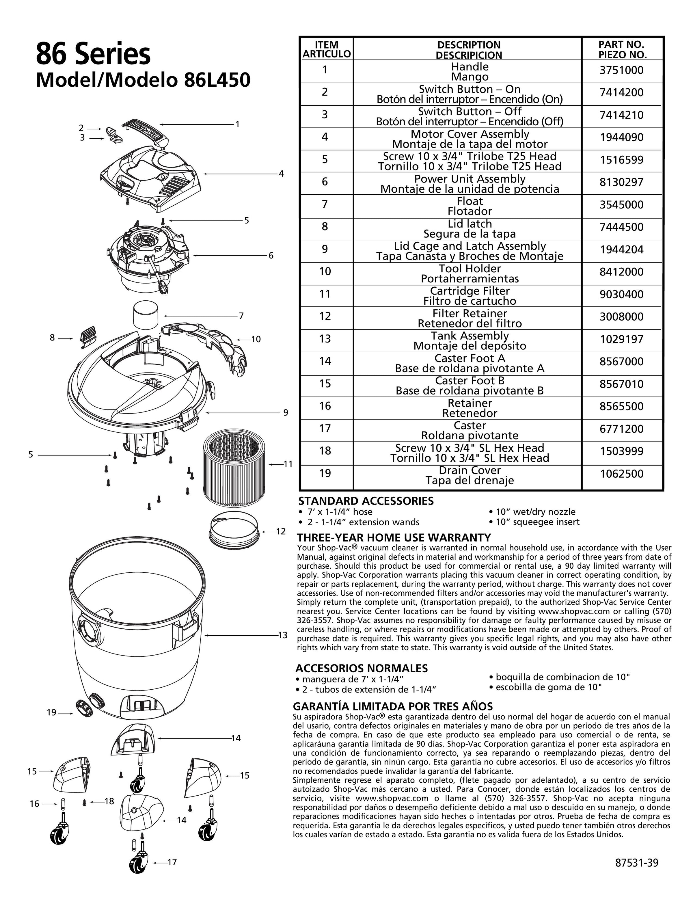 バルザックページ Shop-Vac Parts List for 86L450 Models (12 Gallon* Black