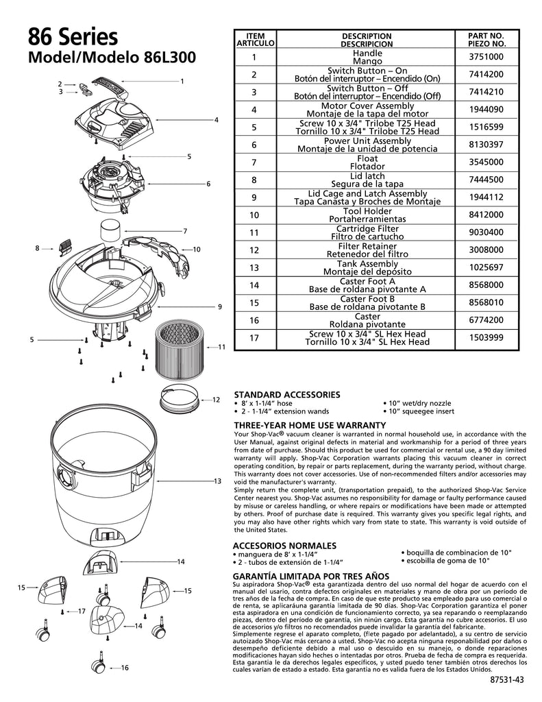 Shop-Vac Parts List for 86L300 Models (10 Gallon* Gray / Black Vac)