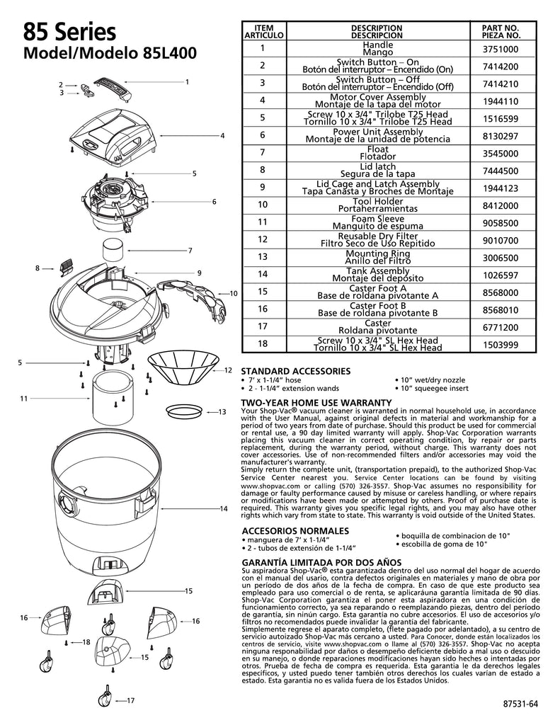 Shop-Vac Parts List for 85L400 Models (10 Gallon* Gray / Black Vac)