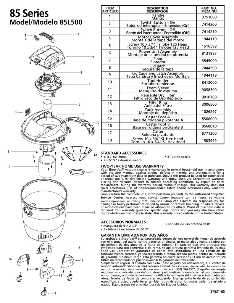 Shop-Vac Parts List for 85L500 Models (12 Gallon* Gray / Black Vac)
