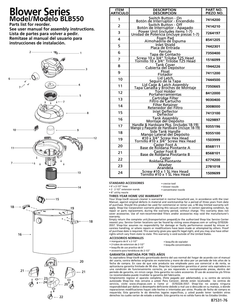 Shop-Vac Parts List for BLB550 Models (12 Gallon* Black / Stainless Steel Blower Vac)
