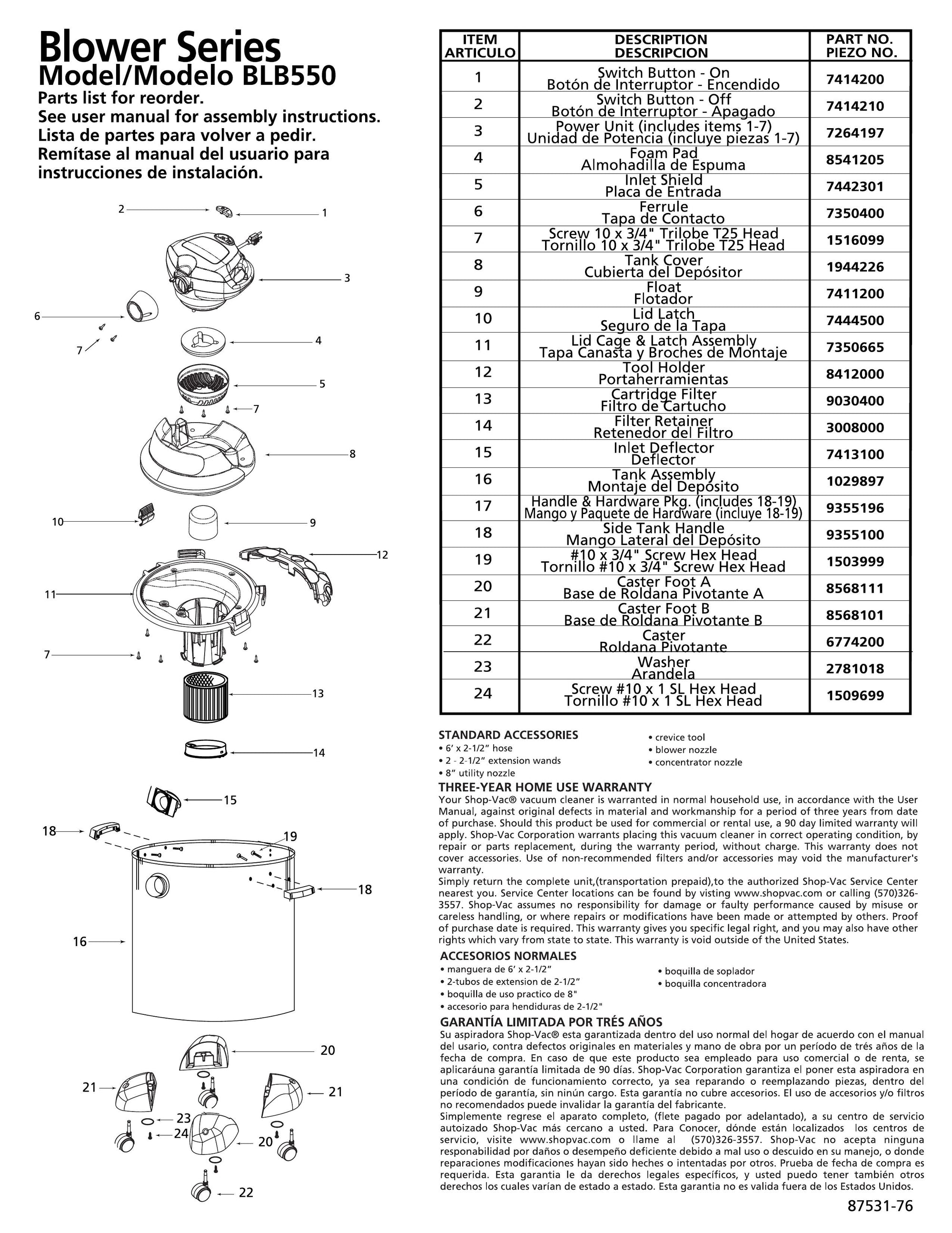 ShopVac Parts List for BLB550 Models (12 Gallon* Black / Stainless St