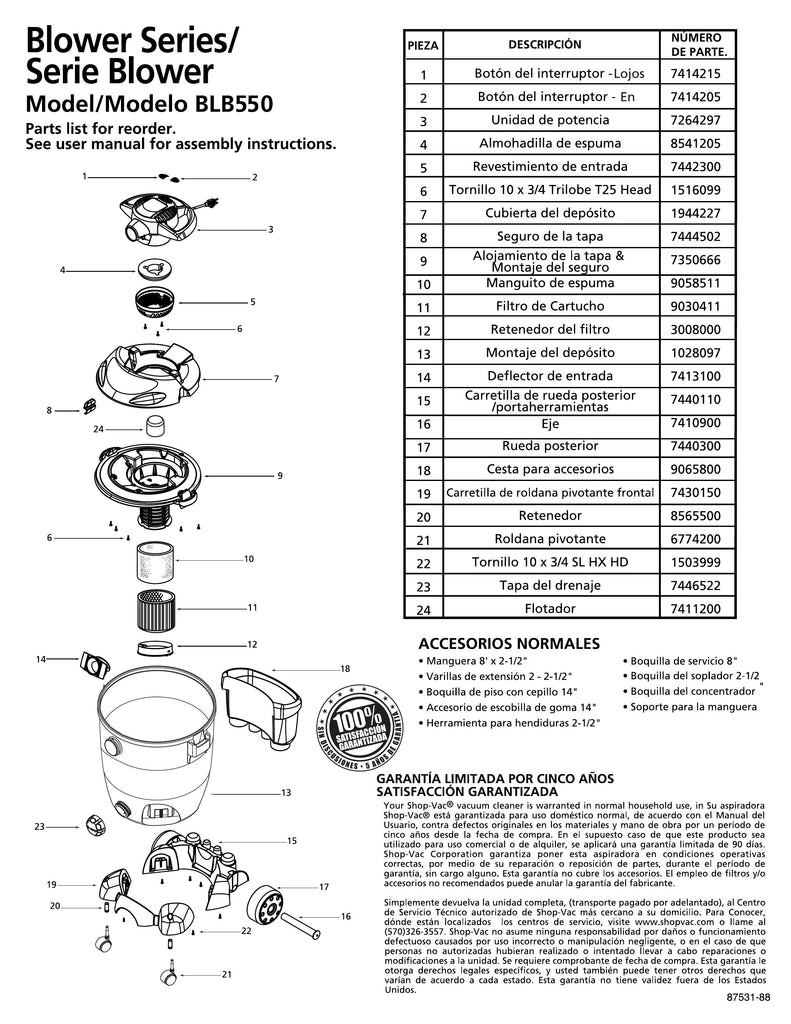 Shop-Vac Parts List for BLB550 Models (12 Gallon* Blue / Gray Blower Vac w/ Rear Wheel Dolly and Basket)