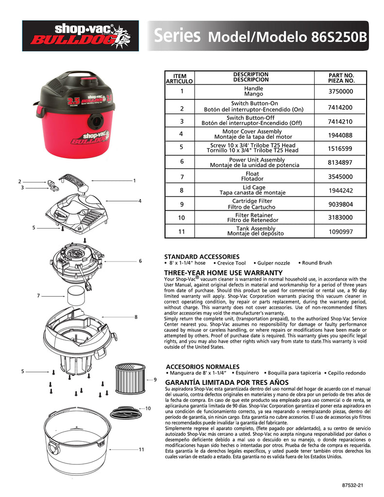 Shop-Vac Parts List for 86S250B Models (2.5 Gallon* Red / Black Bulldog® Vac)