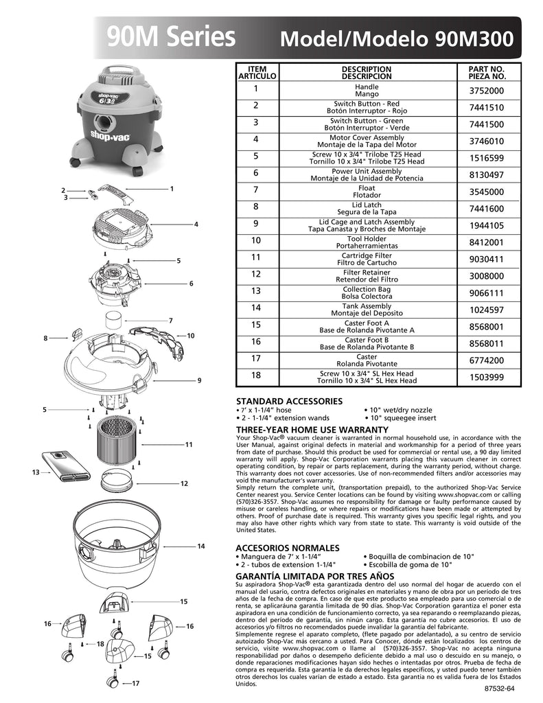 Shop-Vac Parts List for 90M300 Models (6 Gallon* Blue / Gray Vac w/ Feet Containing Posts)