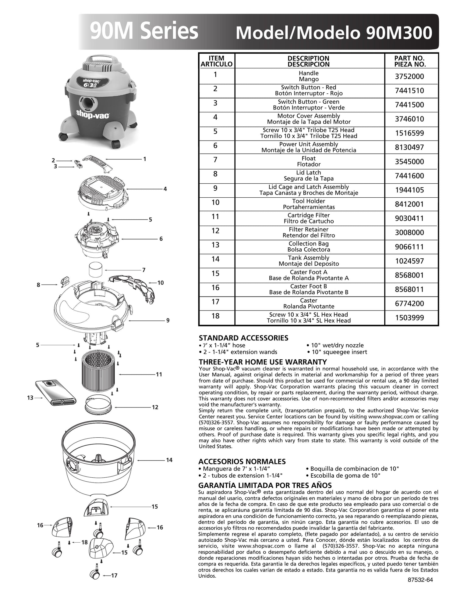 ShopVac Parts List for 90M300 Models (6 Gallon* Blue / Gray Vac w/ Fe ShopVac Store