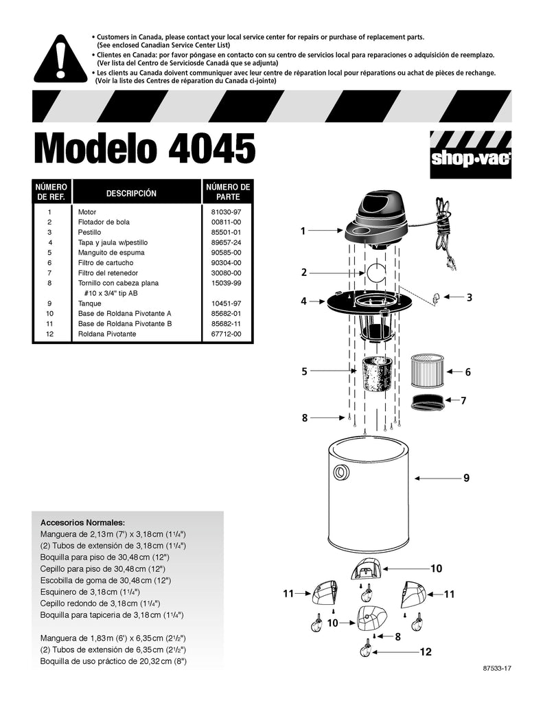 Shop-Vac Parts List for 4045 Models (6 Gallon* Yellow / Black Metal Industrial Vac)