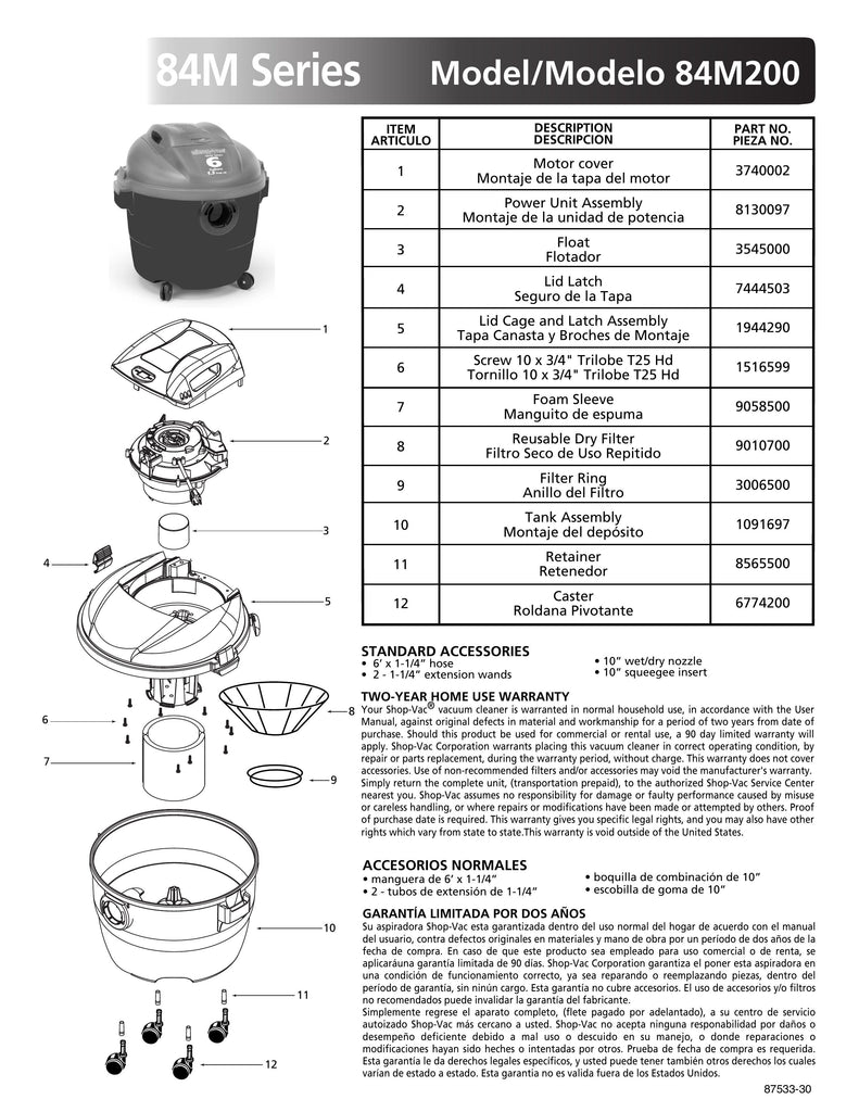 Shop-Vac Parts List for 84M200 Models (6 Gallon* Black / Red Vac)