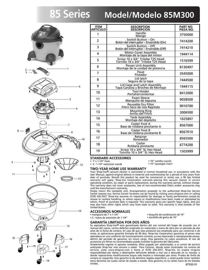 Shop-Vac Parts List for 85M300 Models (6 Gallon* Gray / Black Vac)