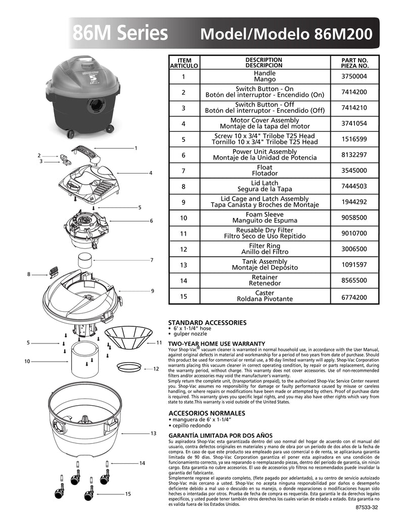 Shop-Vac Parts List for 86M200 Models (5 Gallon* Red / Black Vac)