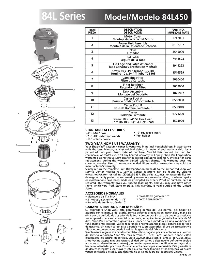 Shop-Vac Parts List for 84L450 Models (12 Gallon* Red / Black Vac)