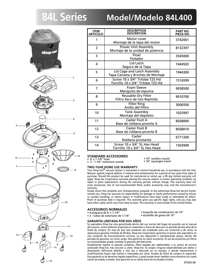 Shop-Vac Parts List for 84L400 Models (12 Gallon* Red / Black Vac)