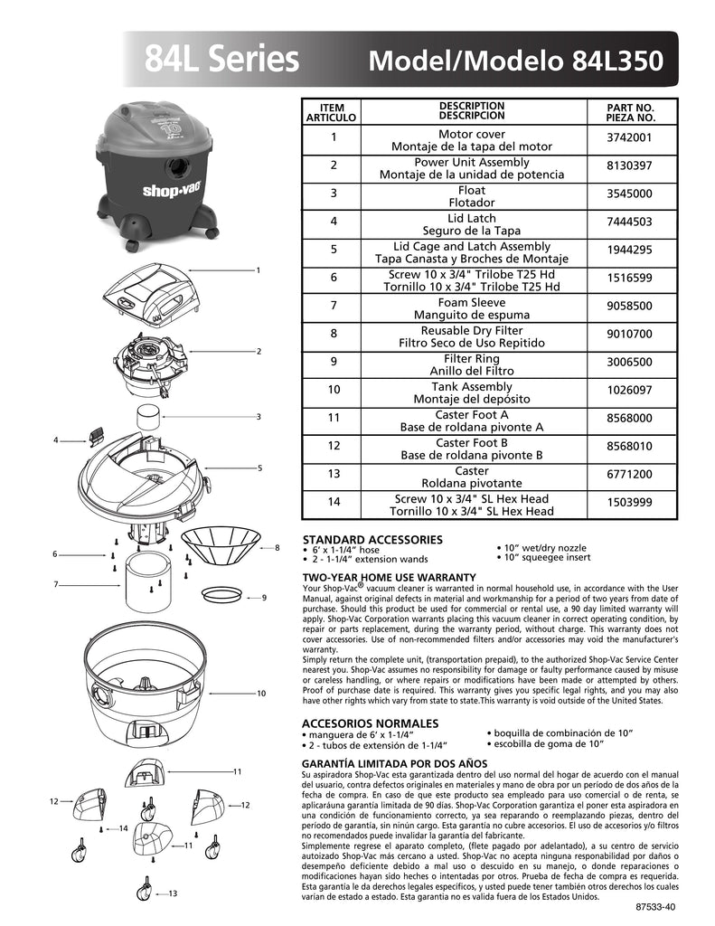 Shop-Vac Parts List for 84L350 Models (10 Gallon* Red / Black Vac w/ Casters)
