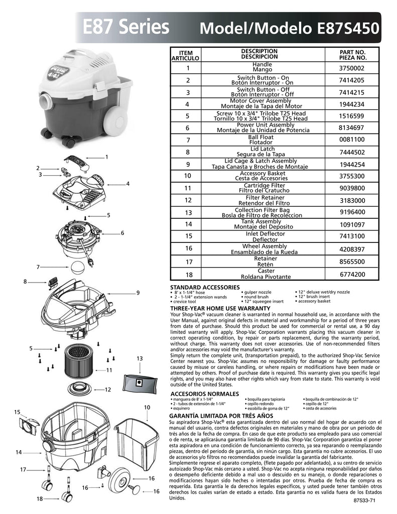 Shop-Vac Parts List for E87S450 Models (4 Gallon* Black / Gray AllAround Plus® Vac)