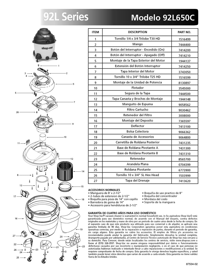 Shop-Vac Parts List for 92L650C Models (18 Gallon* Yellow / Black Vac w/ Accessory Basket)