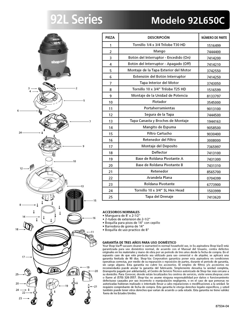 Shop-Vac Parts List for 92L650C Models (20 Gallon* Red / Black Vac)