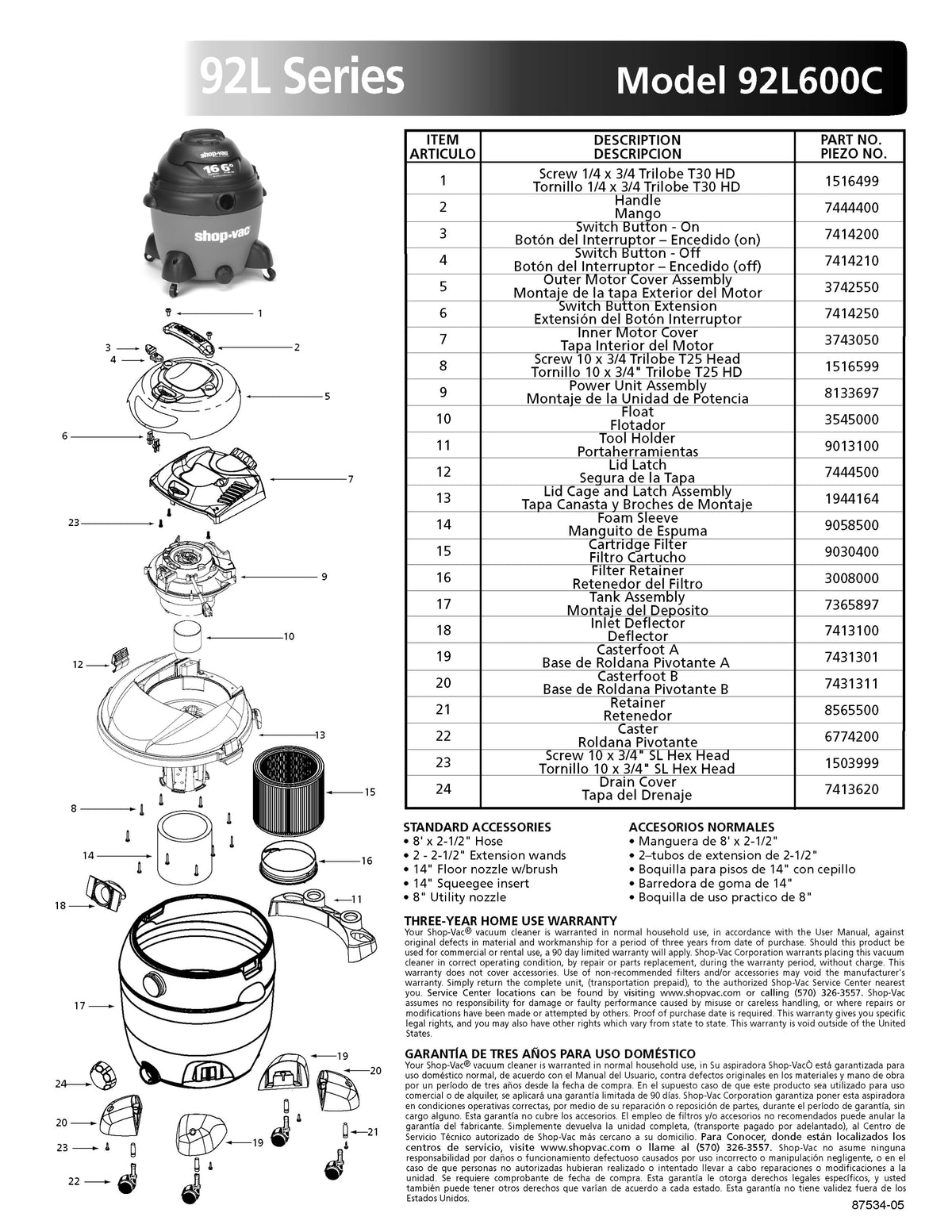 ShopVac Parts List for 92L600C Models (16 Gallon* Red / Black Vac