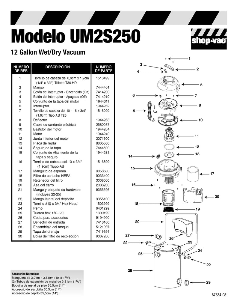 Shop-Vac Parts List for UM2S250 Models (12 Gallon* Black / Stainless Steel Industrial Vac w/ Carriage Handle)