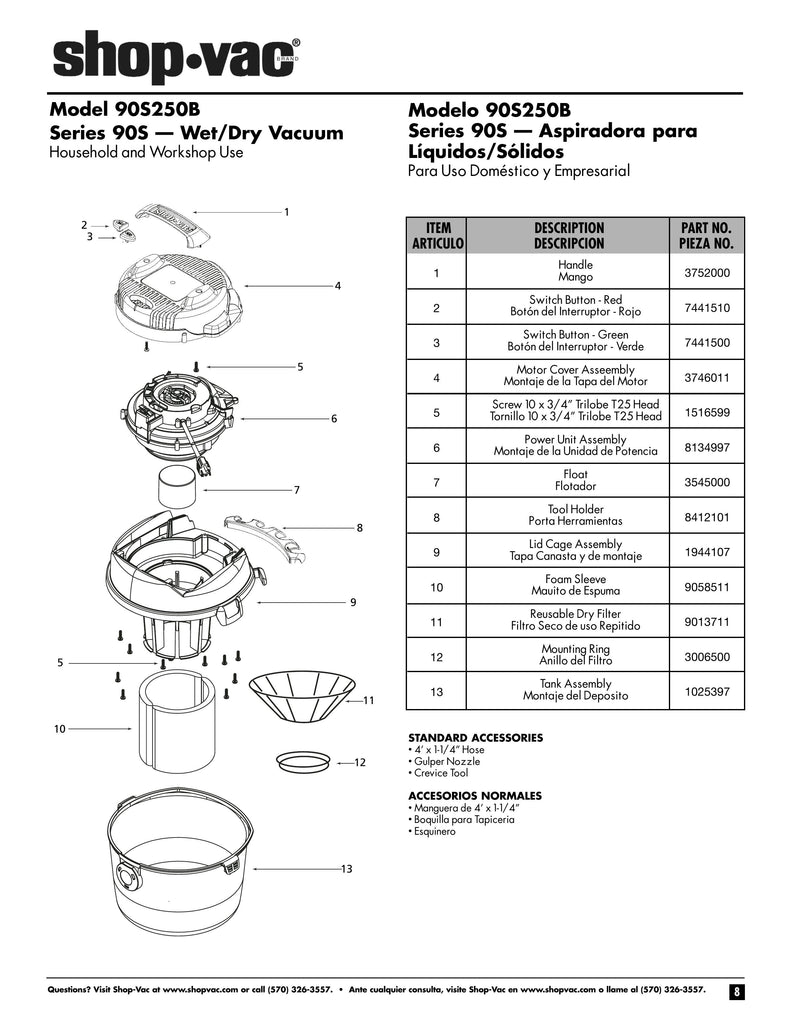 Shop-Vac Parts List for 90S250B Models (2.5 Gallon* Blue / Gray Portable Vac)