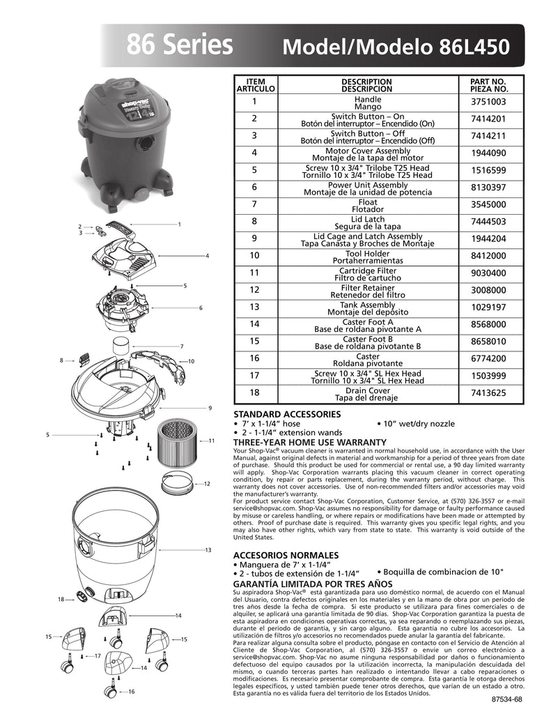 Shop-Vac Parts List for 86L450 Models (12 Gallon* Black Vac w/ Red Accents & Dual Hooded Casters)