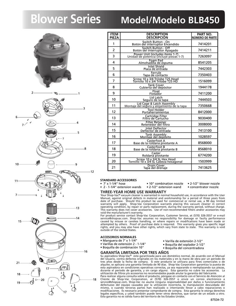 Shop-Vac Parts List for BLB450 Models (12 Gallon* Black / Red Blower Vac)