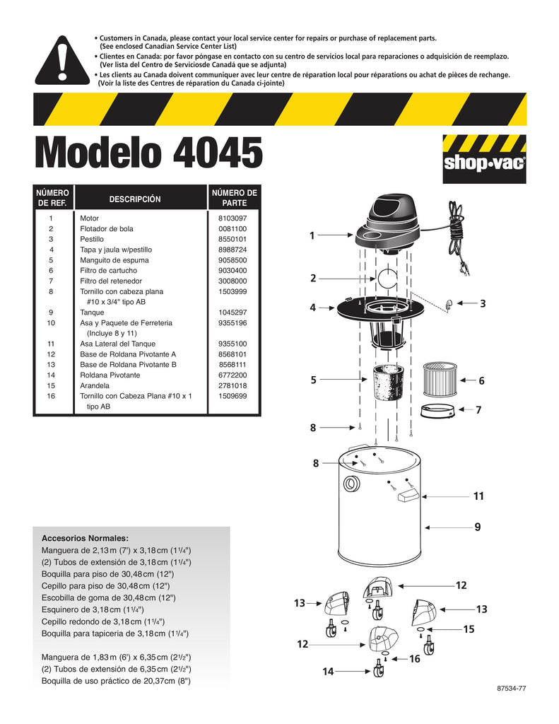 Shop-Vac Parts List for 4045 Models (10 Gallon* Yellow / Black Metal Industrial Vac w/ 4 Caster Feet)