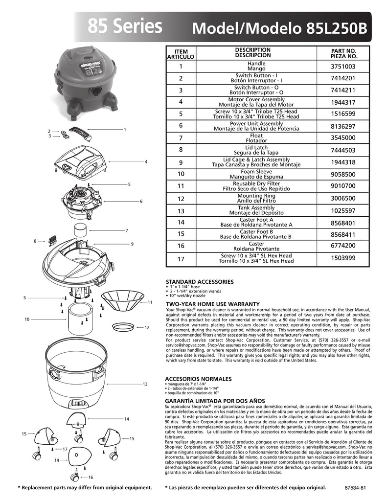 Shop-Vac Parts List for 85L250B Models (8 Gallon* Black / Red Vac)