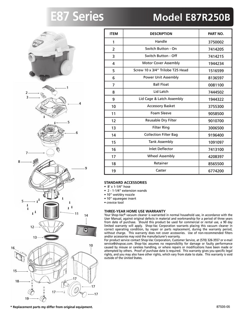 Shop-Vac Parts List for E87R250B Models (4 Gallon* AllAround Plus® Vac)