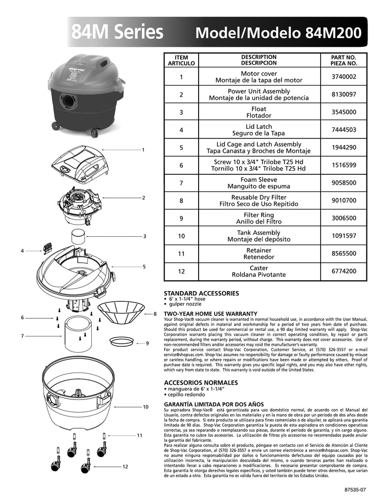Shop-Vac Parts List for 84M200 Models (5 Gallon* Black / Red Vac)