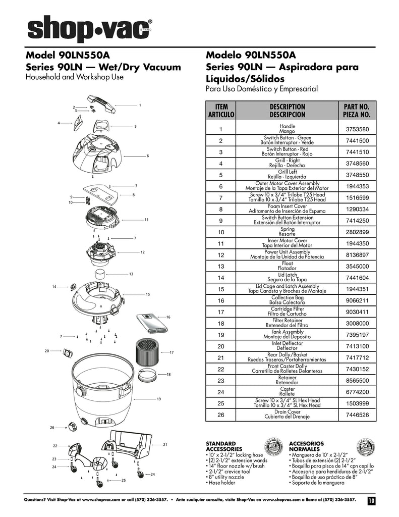 Shop-Vac Parts List for 90LN550A Models (12 Gallon* Blue / Gray Vac)