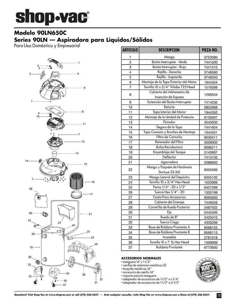 Shop-Vac Parts List for 90LN650C Models (14 Gallon* Gray / Stainless Steel Vac)