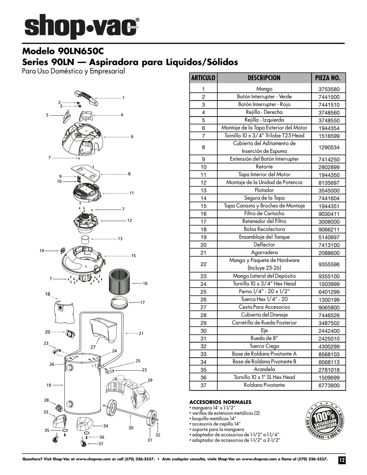 ShopVac Parts List for 90LN650C Models (14 Gallon* Gray / Stainless S