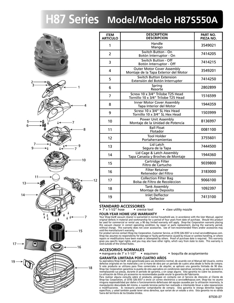 Shop-Vac Parts List for H87S550A Models (5 Gallon* Yellow / Black Portable Vac)