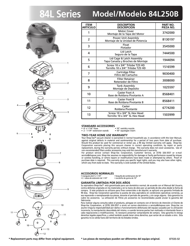 Shop-Vac Parts List for 84L250B Models (8 Gallon* Burgundy / Black Vac)