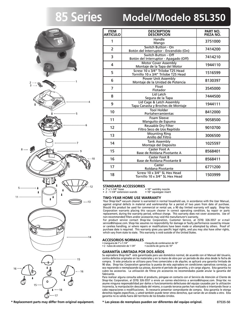 Shop-Vac Parts List for 85L350 Models (8 Gallon* Gray / Black Vac)