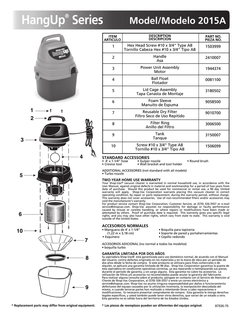 Shop-Vac Parts List for 2015A Models (1X1® Vac)