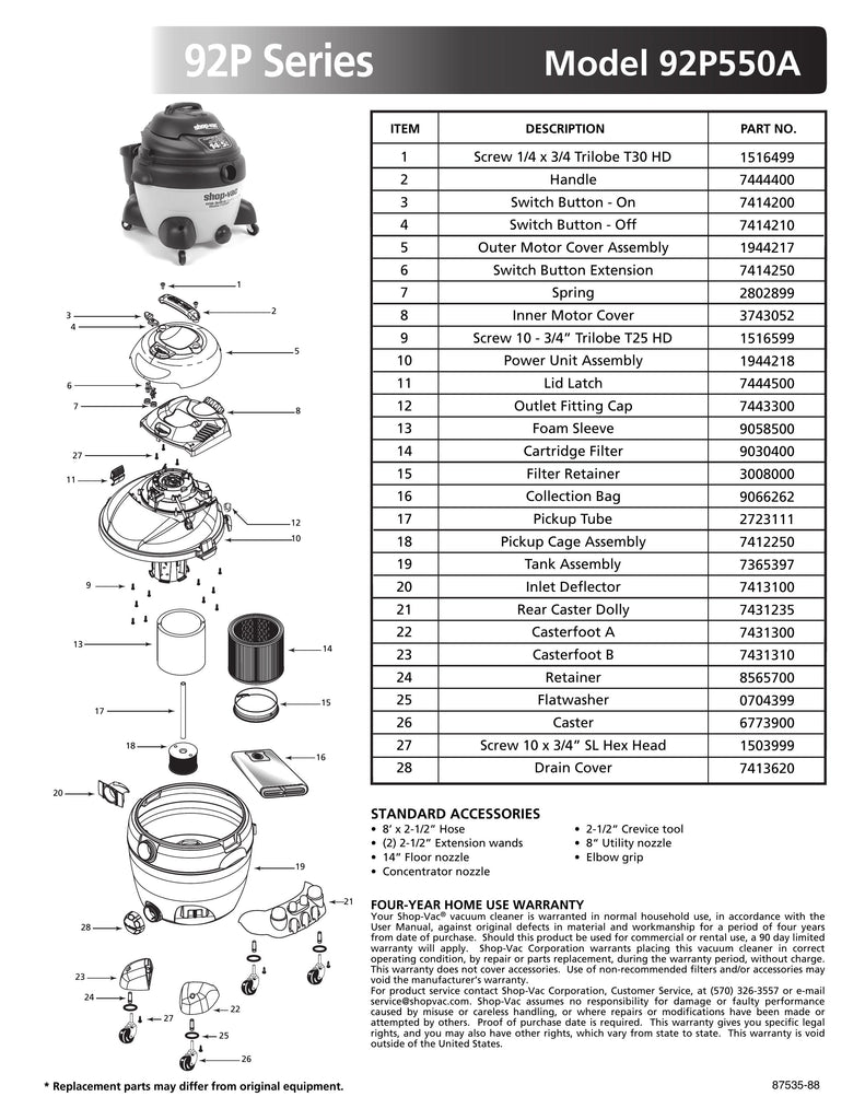 Shop-Vac Parts List for 92P550A Models (14 Gallon* Vac w/ Yellow Tank Containing a Black Tank Top)