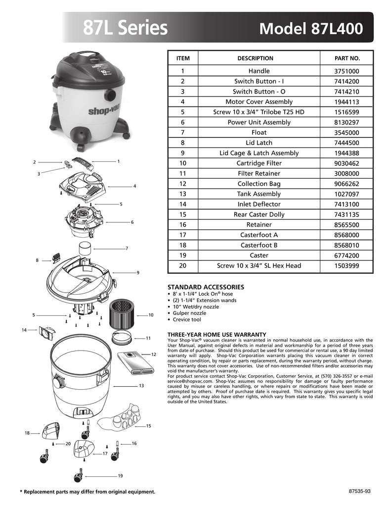 Shop-Vac Parts List for 87L400 Models (10 Gallon* Yellow / Black Vac)