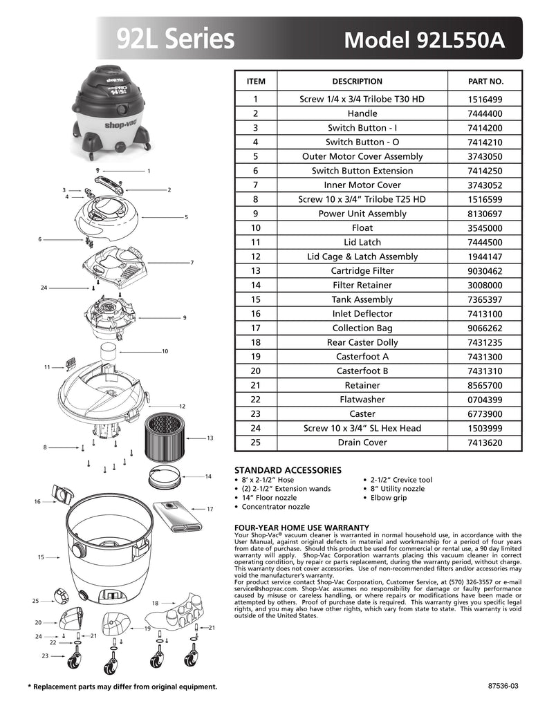 Shop-Vac Parts List for 92L550A Models (14 Gallon* Vac w/ Yellow Tank Containing a Black Tank Top and Rear Dolly)
