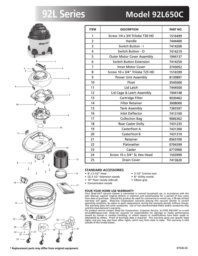 Shop-Vac Parts List for 92L650C Models (18 Gallon* Yellow / Black Vac ...