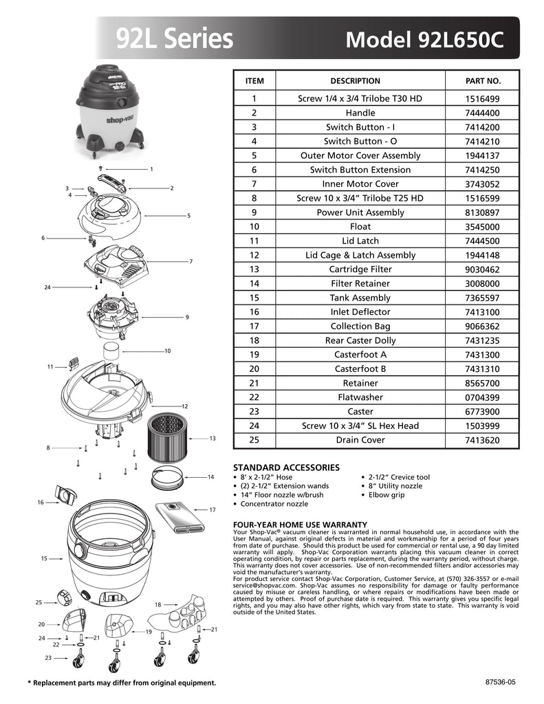 Shop-Vac Parts List for 92L650C Models (18 Gallon* Yellow / Black Vac)