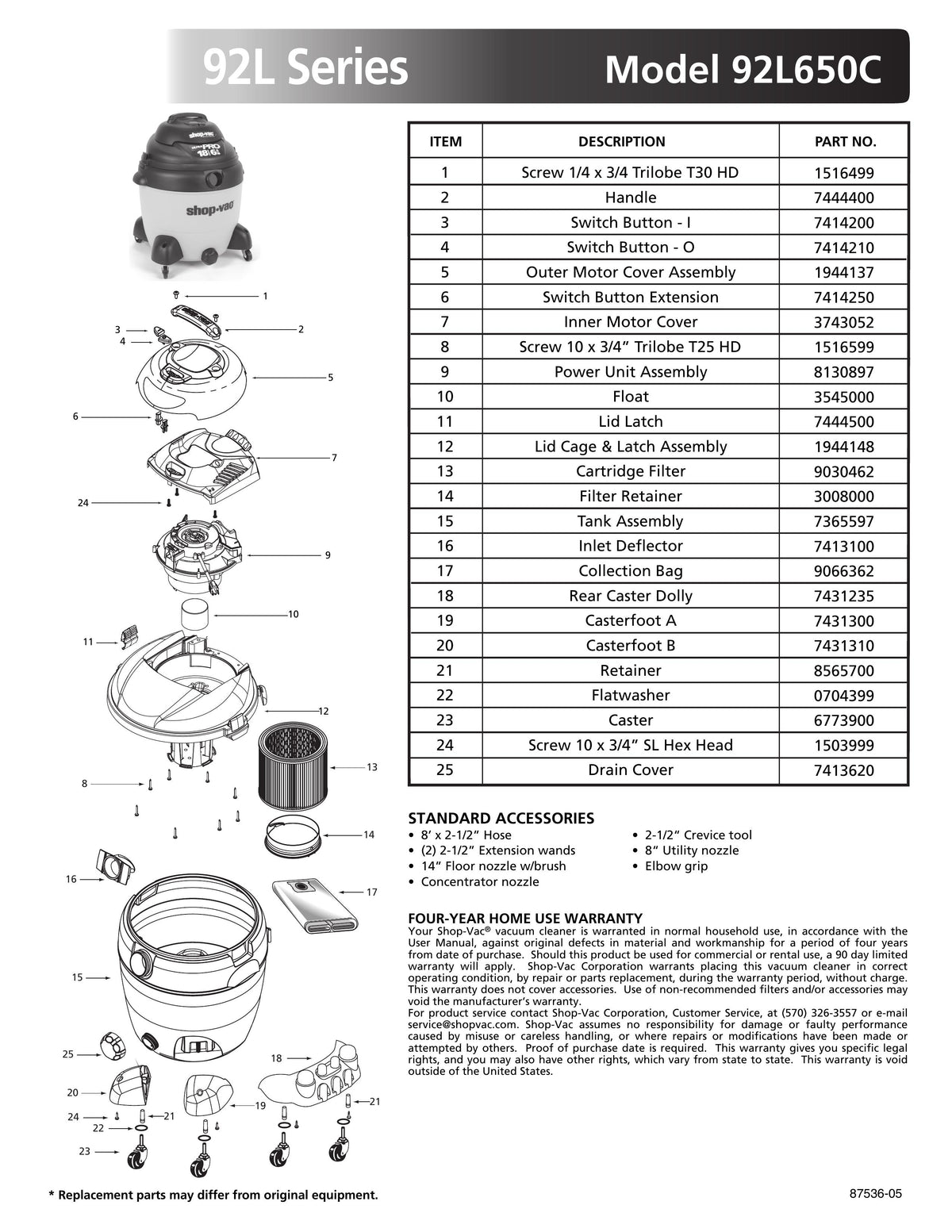 ShopVac Parts List for 92L650C Models (18 Gallon* Yellow / Black Vac