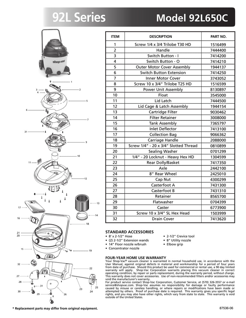 Shop-Vac Parts List for 92L650C Models (18 Gallon* Yellow / Black Vac w/ Rear Basket Dolly & Transport Handle)