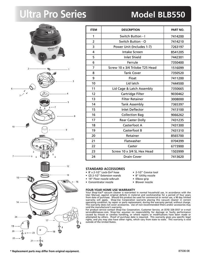 Shop-Vac Parts List for BLB550 Models (14 Gallon* Yellow / Black Blower Vac w/ Tank containing a Black Tank Top and Rear Caster Dolly)